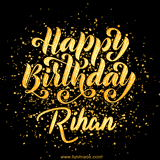 Animated GIF with colorful, festive 'Happy Birthday Rihan' text decorated with patterns, a party hat, and falling confetti. A vibrant and cheerful design for birthday celebrations.