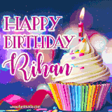 A festive animated GIF featuring a colorful cupcake with a single lit candle, sprinkles, and 'Happy Birthday Rihan' text against a sparkling, celebratory background.