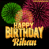 A captivating GIF with bursts of green, pink, and orange fireworks lighting up the night sky, accompanied by 'Happy Birthday Rihan' in glowing golden text.