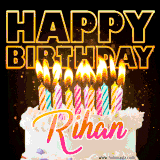 A vibrant animated GIF featuring a delicious birthday cake topped with glowing candles and the name 'Rihan' in elegant script, and the words 'Happy Birthday' on the black background.
