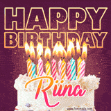 A colorful birthday cake topped with lit candles, with the words 'Happy Birthday Riina' in bold glowing letters on a burgundy background. Animated flames add a festive touch.