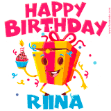 A vibrant and funny gift box character with a happy face dancing with a cupcake and the text 'Happy Birthday Riina,' surrounded by animated confetti and party vibes.