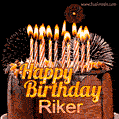 A rich chocolate cake topped with glowing birthday candles and surrounded by bright fireworks. The animated GIF displays the message 'Happy Birthday Riker' in golden text.
