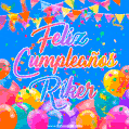 A vibrant animated GIF with 'Feliz Cumpleaños Riker' written in colorful script, surrounded by balloons, confetti, and bunting on a bright blue background.