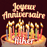 A Happy Birthday GIF in French featuring a festive birthday cake adorned with bright candles and the glowing text 'Joyeux Anniversaire Riker' in a cheerful style.