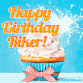 A cheerful animated GIF of a cupcake with creamy frosting, a red checkered ribbon, and a bright sparkler on top. The text 'Happy Birthday Riker!' is displayed in vibrant orange and red.