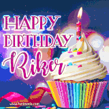 A festive animated GIF featuring a colorful cupcake with a single lit candle, sprinkles, and 'Happy Birthday Riker' text against a sparkling, celebratory background.