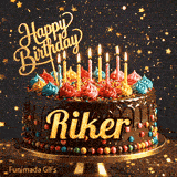 A personalized birthday cake for Riker on a gold platter, surrounded by falling golden star confetti.