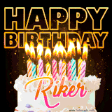 A vibrant animated GIF featuring a delicious birthday cake topped with glowing candles and the name 'Riker' in elegant script, and the words 'Happy Birthday' on the black background.