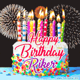 A lively happy birthday animated GIF showcasing a colorful birthday cake covered in sprinkles, topped with glowing candles, and surrounded by vibrant fireworks. The name 'Riker' is featured in elegant script.