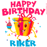 A funny animated birthday GIF with the words 'Happy Birthday Rikera', colorful gift box with arms and legs, holding a cupcake with a lit candle  with confetti everywhere.