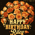 Beautiful bouquet of orange and red roses for Riley, golden inscription and twinkling stars