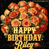 Animated bouquet of orange roses with moving butterfles and golden 'Happy Birthday Riley' text, surrounded by sparkling accents and a dark backdrop for a luxurious feel.