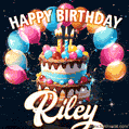 Hand-drawn happy birthday cake adorned with an arch of colorful balloons - name GIF for Riley