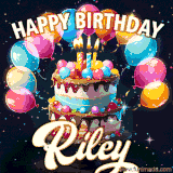 Bright birthday animation for Riley with a chocolate cake, candles, balloons, and glowing celebratory lights.