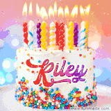A cheerful white birthday cake with multicolor sprinkles, lit candles, and 'Riley' written in vibrant letters, in an animated GIF.