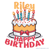 Cartoon birthday cake with a red bow, glowing candles, and 'Riley Happy Birthday' text in bold animated style.