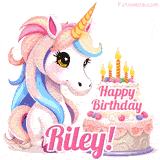 An adorable animated unicorn with soft pastel colors sits beside a birthday cake with glowing candles, and a pink 'Happy Birthday Riley!' words.