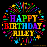 Personalized greeting card with name, colorful text that says 'Happy Birthday Riley' surrounded by animated fireworks and multicolor stars