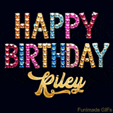 Vibrant luxury birthday greeting card for Riley, showing glittering gemstone letters and golden calligraphy on a dark background with twinkling shine effects.