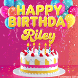 Pink-themed animated greeting with balloons, confetti, and a frosted cake under the message 'Happy Birthday Riley' in bold rounded yellow font.