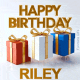 High definition animated birthday greeting for Riley showcasing vibrant red, white, and blue gift packages jumping alongside elegant gold lettering