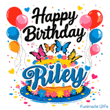 An animated birthday cake for Riley decorated with colorful flowers, balloons, and four detailed butterflies on a white background.