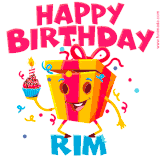 A vibrant and funny gift box character with a happy face dancing with a cupcake and the text 'Happy Birthday Rim,' surrounded by animated confetti and party vibes.