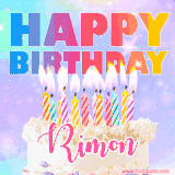A vibrant animated name GIF with the words 'Happy Birthday Rimon' with colorful candles on a creamy cake. The background sparkles with pastel shades, adding a festive touch.