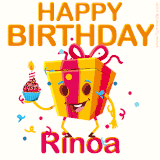 A vibrant and funny gift box character with a happy face dancing with a cupcake and the text 'Happy Birthday Rinoa,' surrounded by animated confetti and party vibes.
