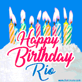 A cheerful animated GIF featuring colorful lit birthday candles on a white cake, with the text 'Happy Birthday Rio' in bold red and blue script on a bright blue background.