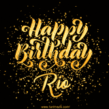 Animated GIF with colorful, festive 'Happy Birthday Rio' text decorated with patterns, a party hat, and falling confetti. A vibrant and cheerful design for birthday celebrations.