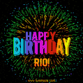 A colorful animated GIF featuring the text 'Happy Birthday Rio!' in rainbow colors with a dynamic iridescent firework display in the background.