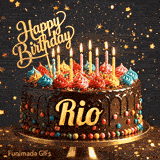 Shimmering gold stars in the background of a chocolate birthday cake with glowing candles, personalized with the name Rio.