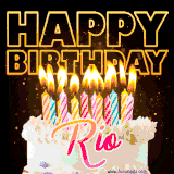 A vibrant animated GIF featuring a delicious birthday cake topped with glowing candles and the name 'Rio' in elegant script, and the words 'Happy Birthday' on the black background.