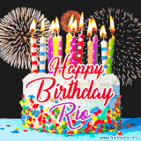 A lively happy birthday animated GIF showcasing a colorful birthday cake covered in sprinkles, topped with glowing candles, and surrounded by vibrant fireworks. The name 'Rio' is featured in elegant script.