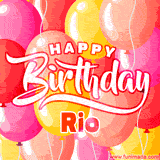 A vibrant birthday GIF featuring colorful balloons in shades of pink, yellow, and orange, with bold white and red text saying 'Happy Birthday Rio.'