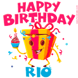 A funny animated birthday GIF with the words 'Happy Birthday Rioa', colorful gift box with arms and legs, holding a cupcake with a lit candle  with confetti everywhere.