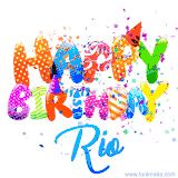 Animated GIF with colorful, festive 'Happy Birthday Rio' text decorated with patterns, a party hat, and falling confetti. A vibrant and cheerful design for birthday celebrations.