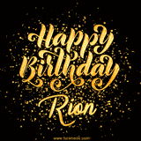Animated GIF with colorful, festive 'Happy Birthday Rion' text decorated with patterns, a party hat, and falling confetti. A vibrant and cheerful design for birthday celebrations.