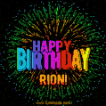 A colorful animated GIF featuring the text 'Happy Birthday Rion!' in rainbow colors with a dynamic iridescent firework display in the background.