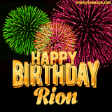 A captivating GIF with bursts of green, pink, and orange fireworks lighting up the night sky, accompanied by 'Happy Birthday Rion' in glowing golden text.