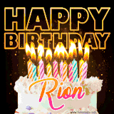 A vibrant animated GIF featuring a delicious birthday cake topped with glowing candles and the name 'Rion' in elegant script, and the words 'Happy Birthday' on the black background.