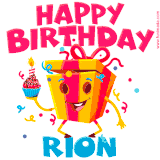 A funny animated birthday GIF with the words 'Happy Birthday Riona', colorful gift box with arms and legs, holding a cupcake with a lit candle  with confetti everywhere.