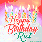 Bright birthday candles with rainbow flames on a cake, alongside the text 'Happy Birthday Riot' in vibrant script in this celebratory animated GIF.
