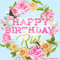 A charming animated GIF featuring 'Happy Birthday Riot' in pink and green text, surrounded by delicate roses, leaves, and fluttering butterflies on a soft light blue pastel background.