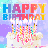 A vibrant animated name GIF with the words 'Happy Birthday Riot' with colorful candles on a creamy cake. The background sparkles with pastel shades, adding a festive touch.