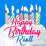 A cheerful animated GIF featuring colorful lit birthday candles on a white cake, with the text 'Happy Birthday Riott' in bold red and blue script on a bright blue background.