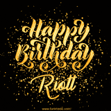 Animated GIF with colorful, festive 'Happy Birthday Riott' text decorated with patterns, a party hat, and falling confetti. A vibrant and cheerful design for birthday celebrations.