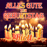 An animated GIF featuring 'Alles Gute Zum Geburtstag Riott' in glowing red and gold letters above a cake with colorful lit candles, set against a festive sparkling background.